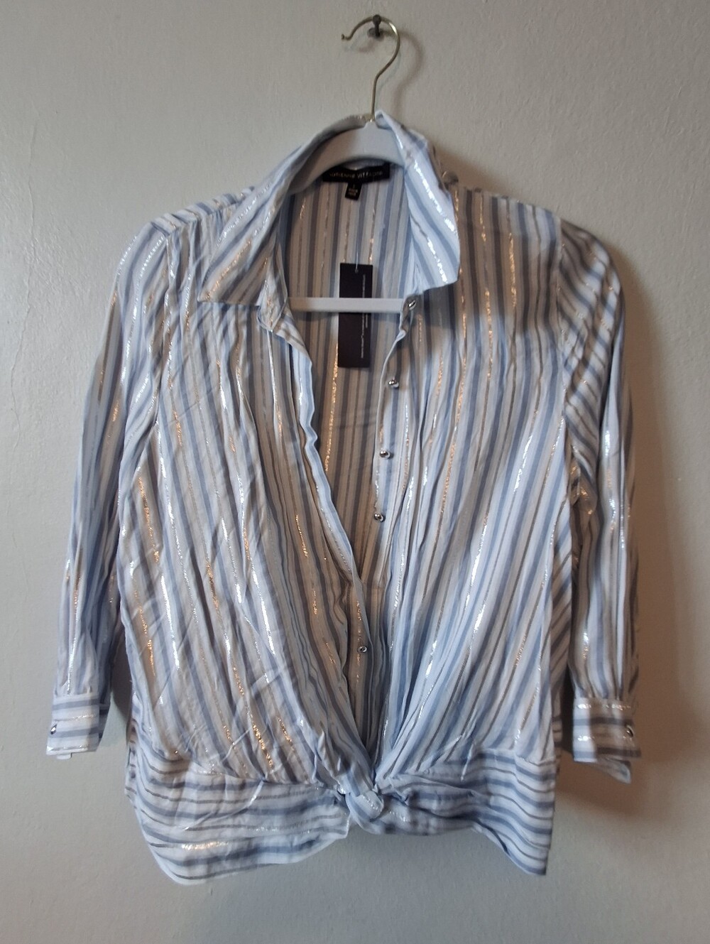 Light Blue Striped Button-Front Women’s Top with Tie Waist